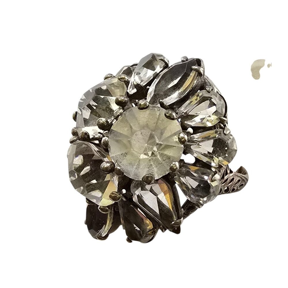 Vintage Sterling Faceted Glass Fancy Cocktail Ring Size 7 (A8669)